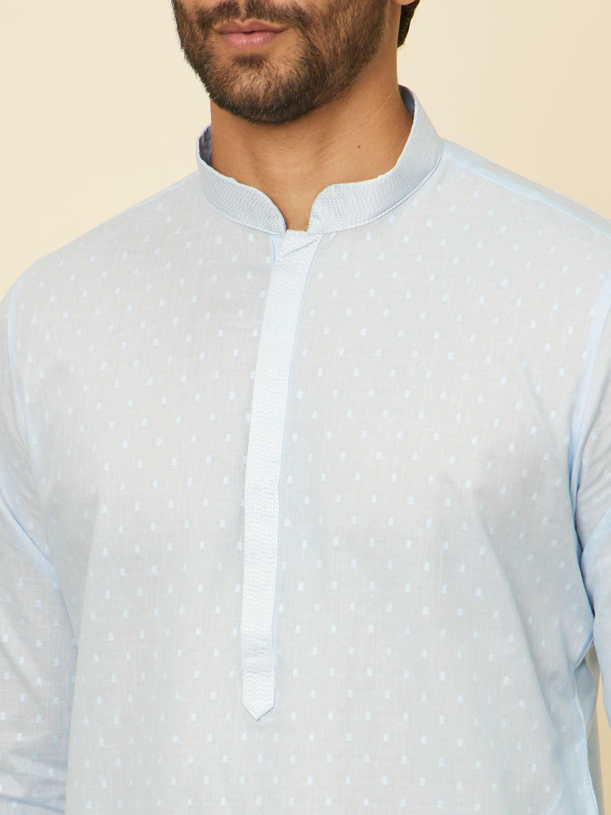 alt message - Manyavar Men Light Blue Polka Dot Printed Kurta Set image number 1